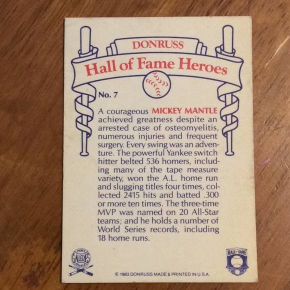 Vtg 1983 Mickey Mantle Hall of Fame Heroes Card. - Picture 3 of 3